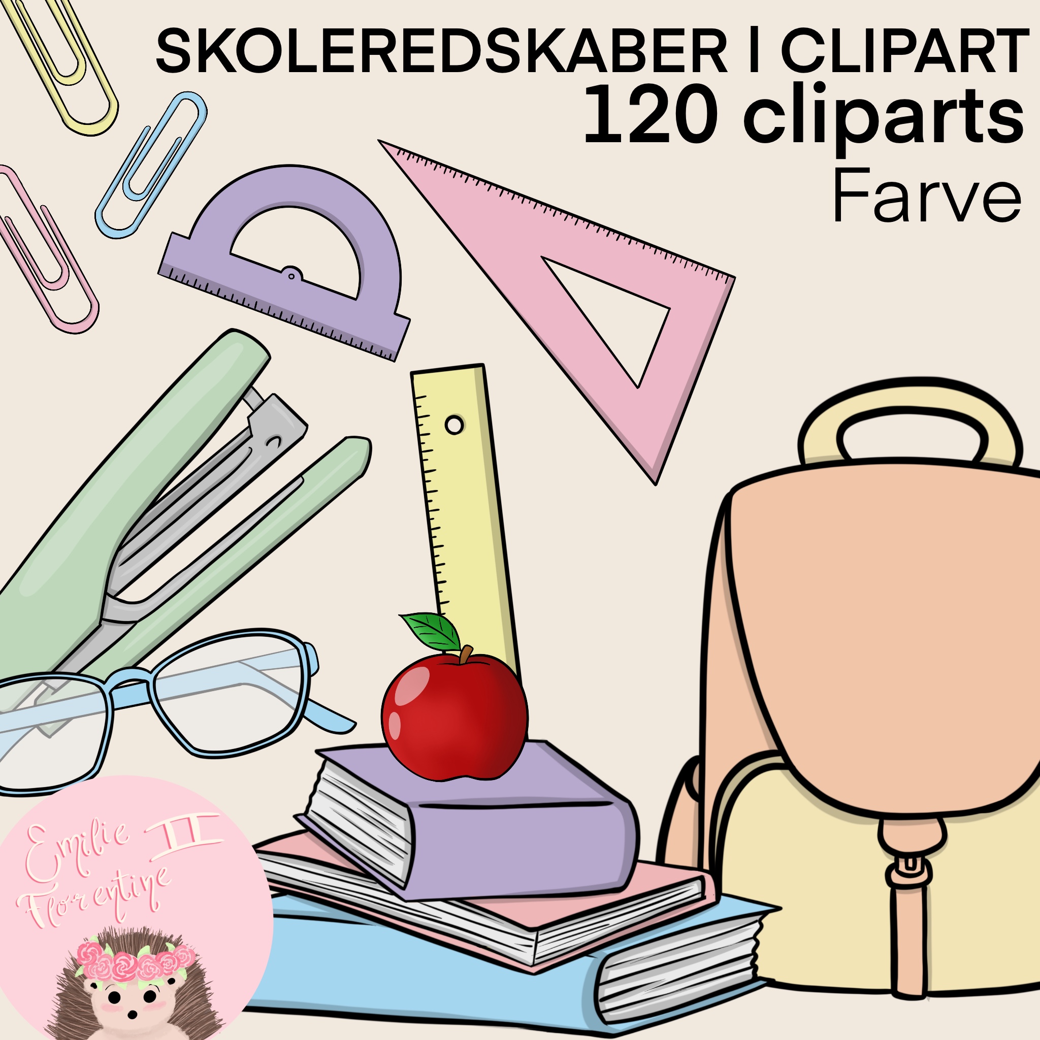 Skoleredskaber | Clipart | Farve | MEGA pakke