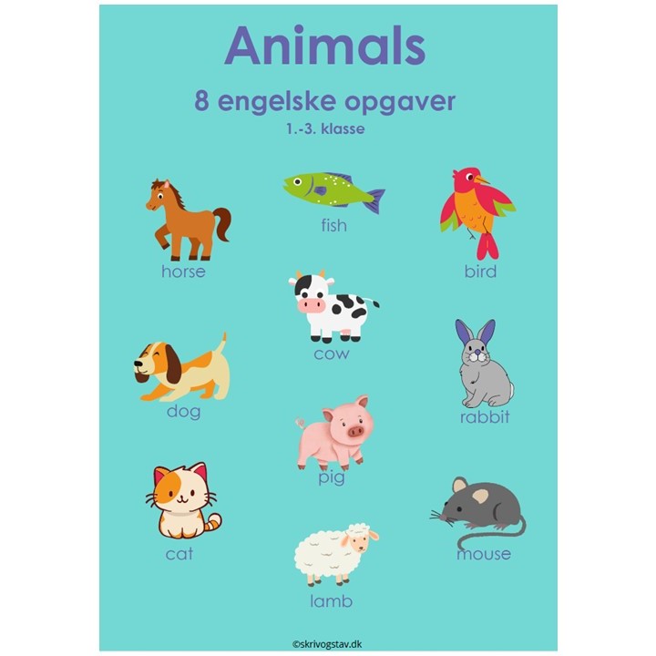 8 engelsk opgaver - træningshæfte animals