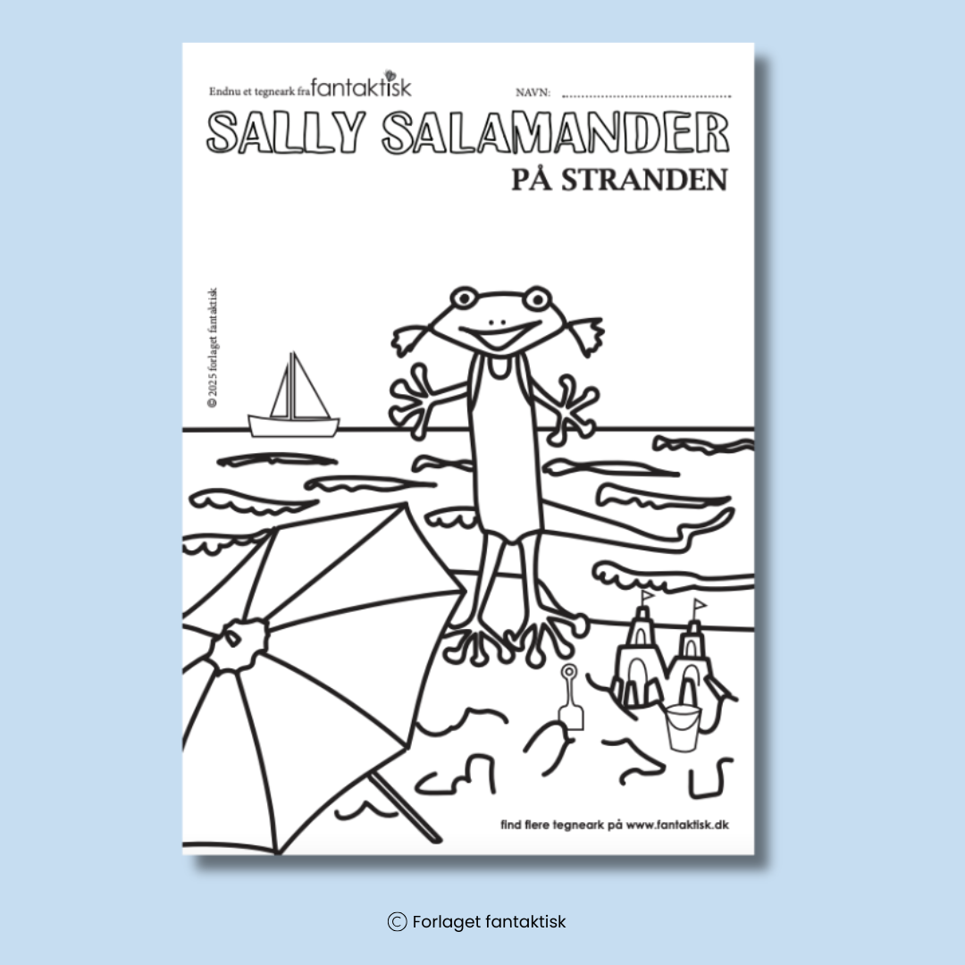 Sally Salamander på stranden - tegneark