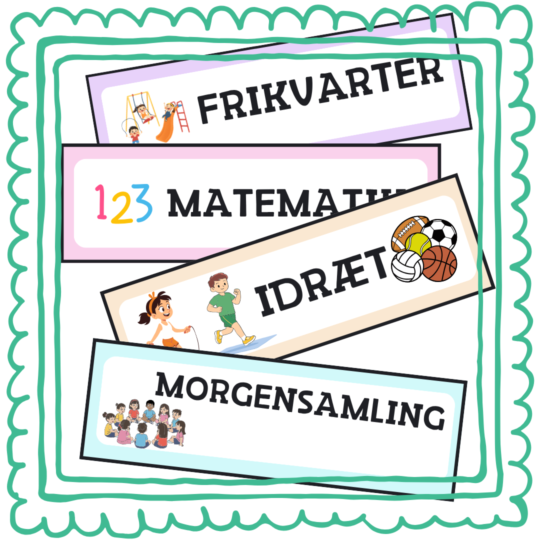 Piktogrammer med dag, dato, årstid, fag, aktiviteter og arbejdsform