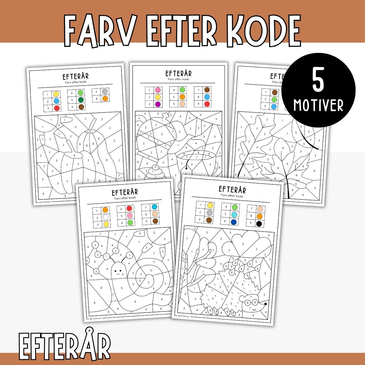 Efterår farvelægning efter tal - 5 opgaver med tallene 1–9