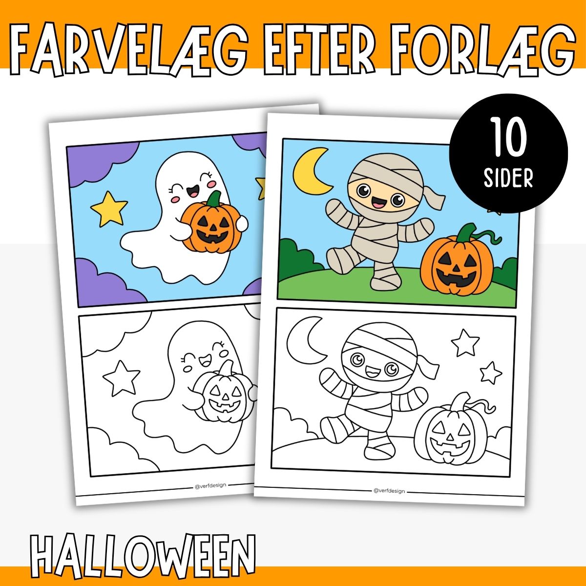 Halloween farvelægning - 10 tegninger med farveforlæg