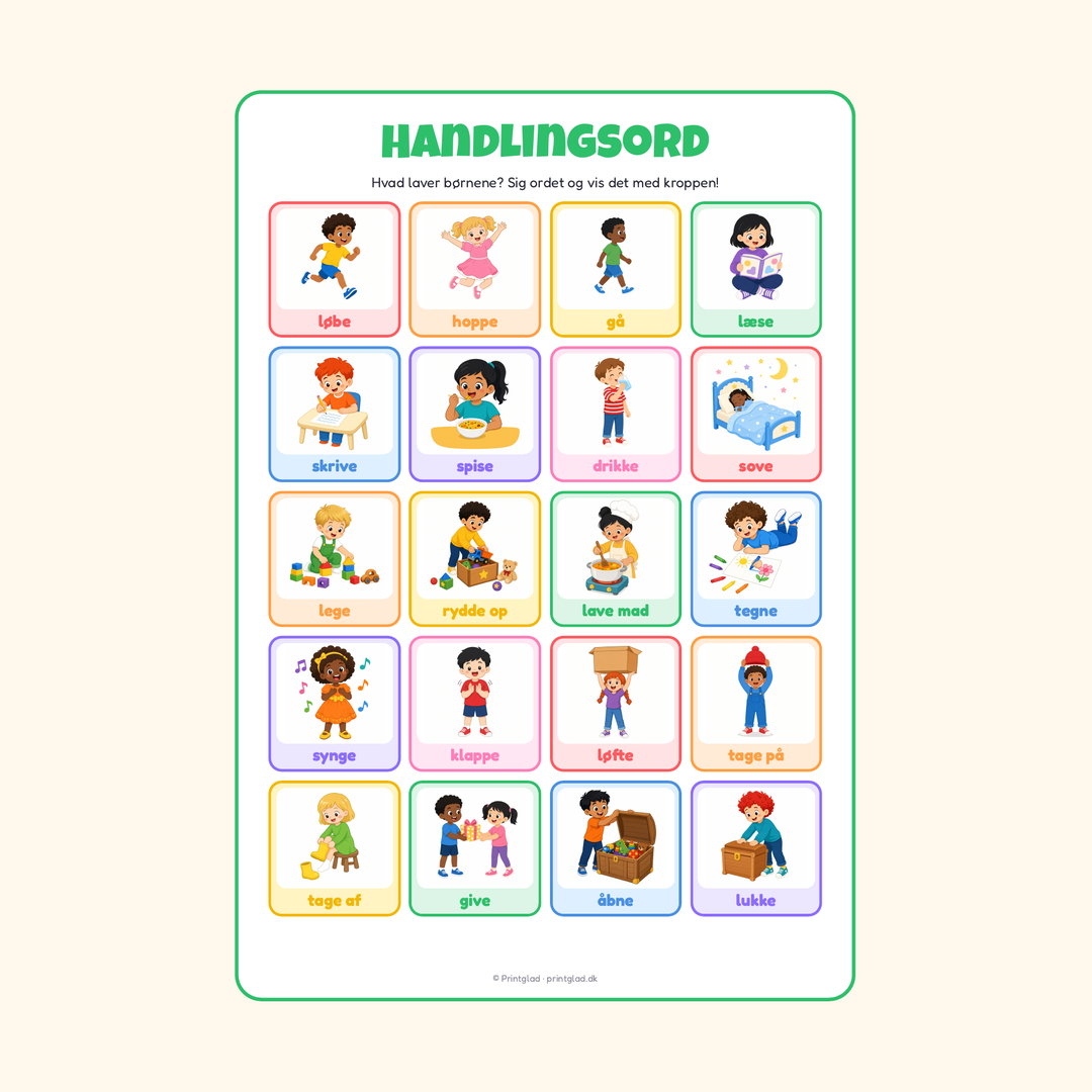 Handlingsord – plakat og 20 ordkort med billeder