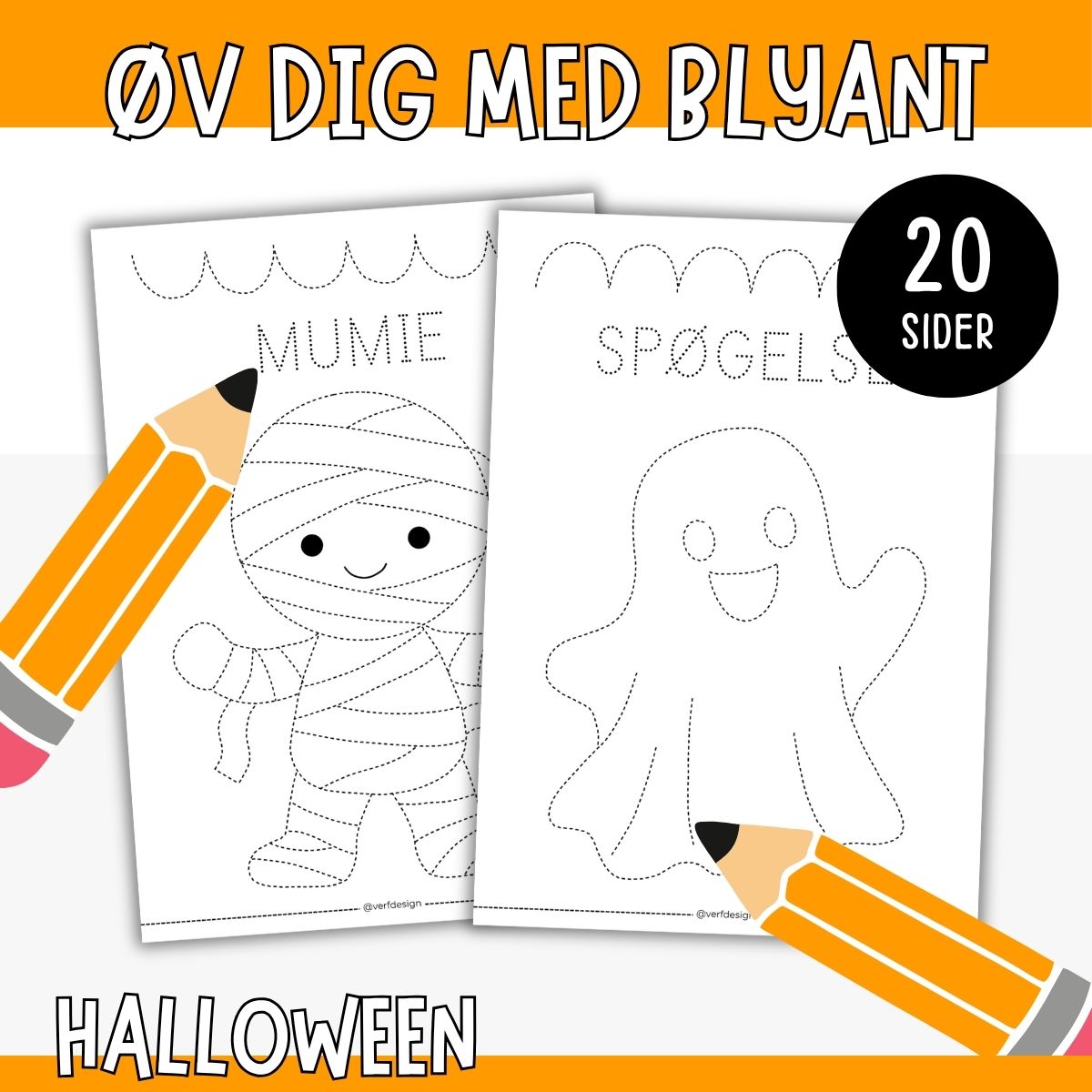 Halloween skriveøvelser - 20 opgaver med stiplede linjer