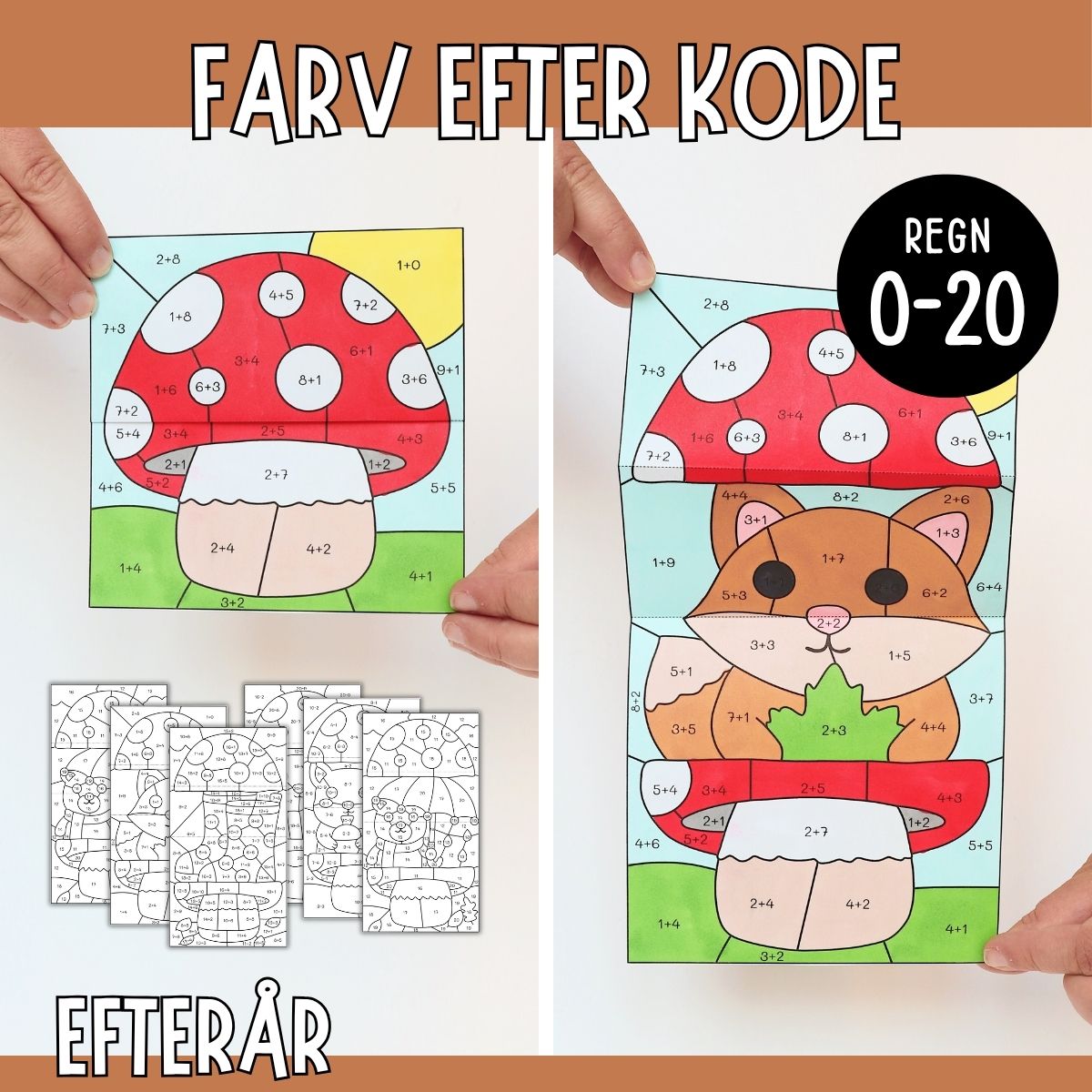 Efterårskrea med matematik - 6 foldbare svampe med regneopgaver
